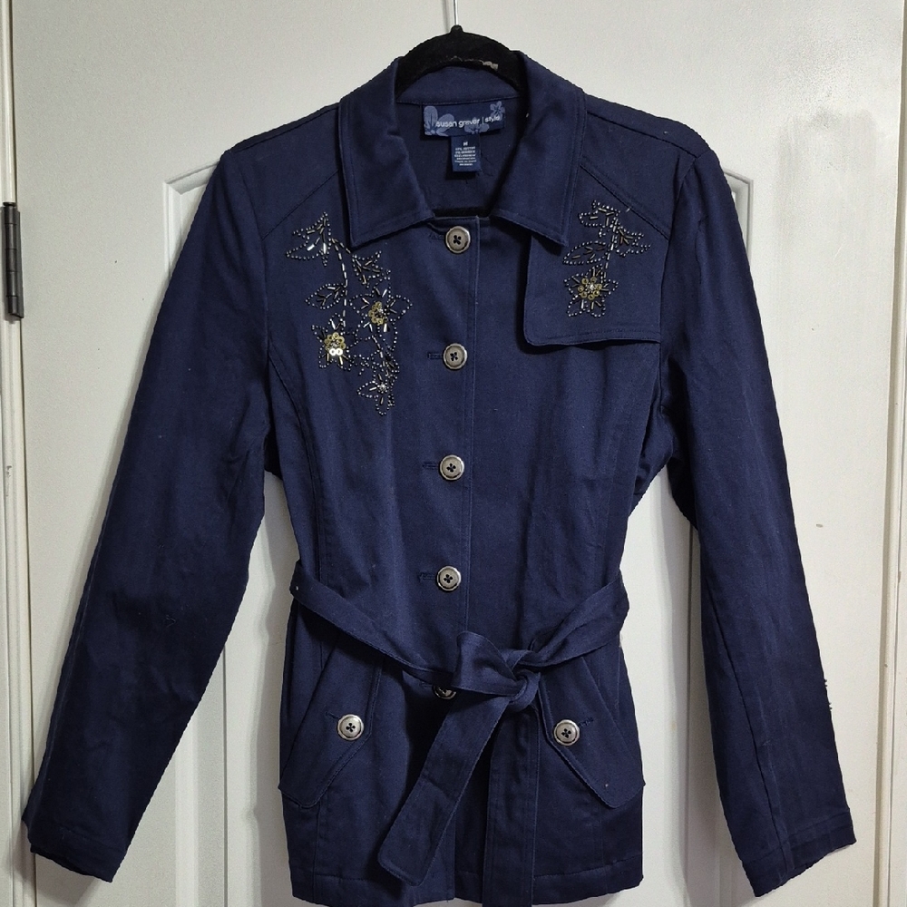 Susan Graver Dark Blue Utility Jacket with Embroidery